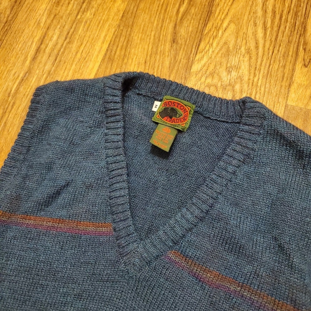 Vintage Boston Traders Wool Sweater Vest Men Medium Blue Striped V-Neck Knit